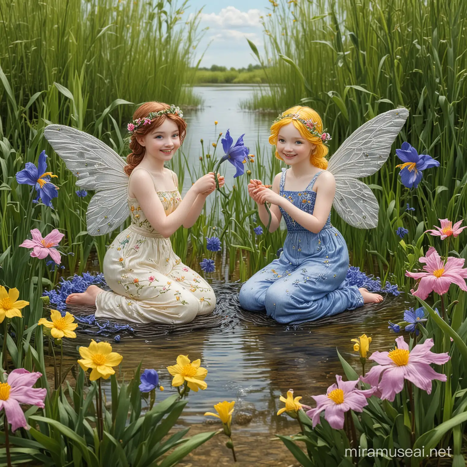 embroidery, two beautiful fairy girls laughing and enjoying the spring daylight in a marsh, behind the scene a big scooped willow tree, marsh marigold, water hyacinth, blue flag iris, swamp azalea, rose mallow, pickerelweed