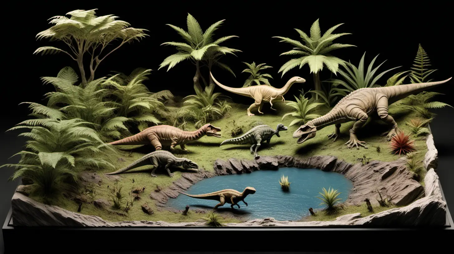 master shot depiction of Triassic–Jurassic flora fauna as a miniature landscape model


