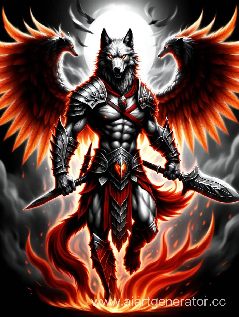 Draw a warrior with a wolf head and fiery wings the image should be dark with bright contrasting colours