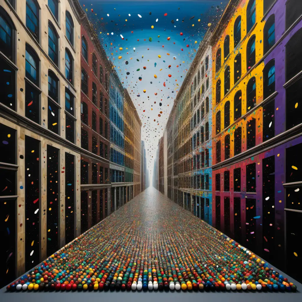 The color palette is a vibrant symphony of contrasts — bold splashes of Hirst's signature vibrant hues punctuate the scene, interwoven with Vermeer's muted, jewel-toned palette. The cityscape is alive with an electric vibrancy, capturing the essence of urban dynamism. The architectural elements, influenced by Hirst's conceptual artistry, are imbued with a sense of playful abstraction, transforming the cityscape into a canvas of imagination.

Yet, what sets this painting apart is the incorporation of musical notes, a distinctive trademark signature that unites the visual and auditory realms. Throughout the composition, meticulously rendered musical notes float ethereally, intertwining with the urban landscape. Each note, an emblematic nod to Hirst's conceptual playfulness, becomes an integral part of the scene, seamlessly woven into the narrative. As the viewer engages with the artwork, the musical notes invite them to envision the sounds of the city. The rhythmic symphony of urban life, from the pulsating beats of street performers to the distant hum of traffic, comes to life, transforming the painting into a multisensory experience. It stands not merely as a piece of art but as a harmonious convergence of Hirst's contemporary vision and Vermeer's timeless aesthetics, where the visual and auditory elements intertwine in a captivating celebration of urban dynamism.





