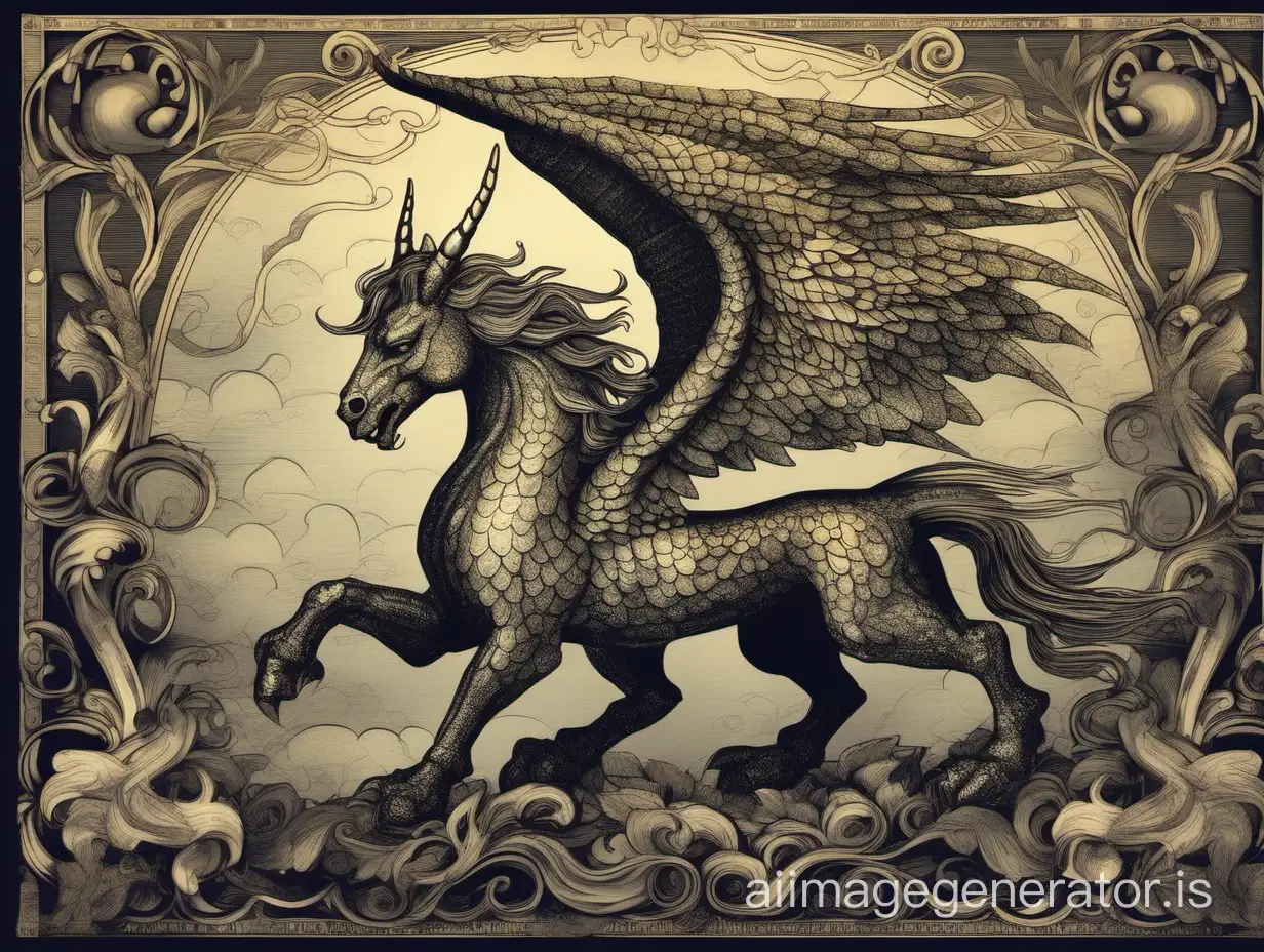 A mythical creature like a dragon, unicorn, or griffin depicted in a unique and artistic way.