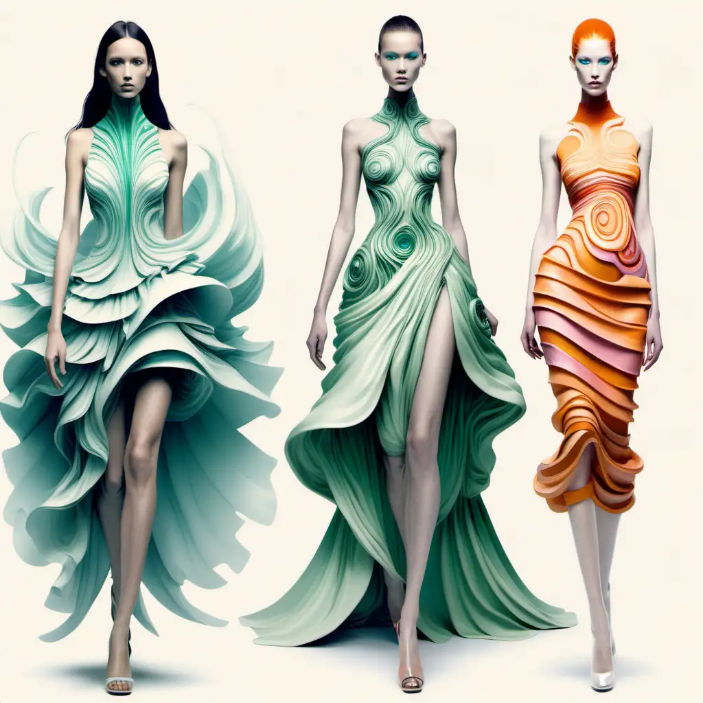 create a futuristic fashion line inspired by the movement of the ocean and the vibrant animals you can find under water. it  should have dresses that you would wear to the met gala. it should be have , layers and fullness. it should embody movement. colors should be greens, oranges, pinks, yellows, ivory, reds blushes just to name a few. you can do one of each color and then one with a mix the colors together. do a sketch of 3 designs and make sure they are cohesive. 