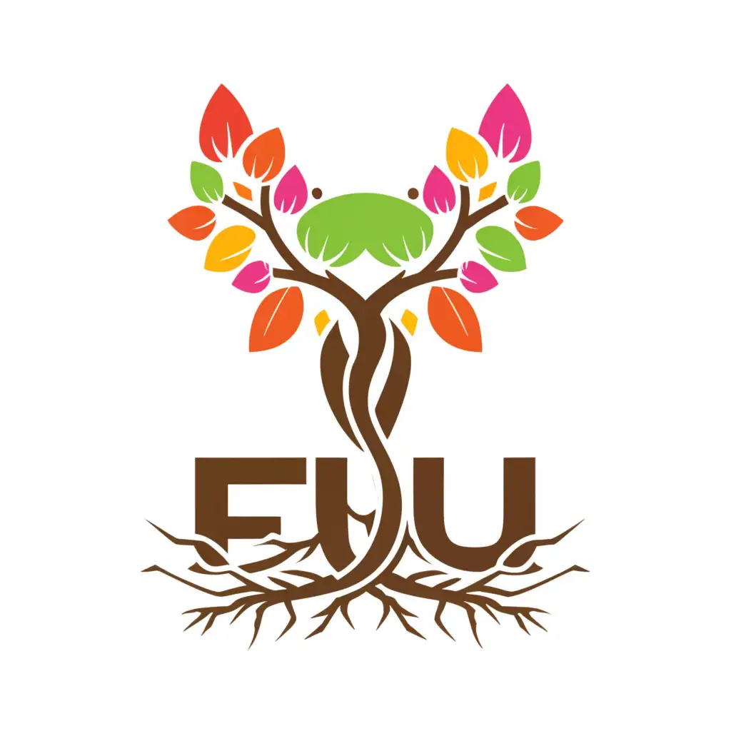 a logo design,with the text "FUI", main symbol:two trees: one on top, the other upside down, they are connected by roots. The tree is blooming from above. The tree is withered from below,Moderate,be used in Real Estate industry,clear background