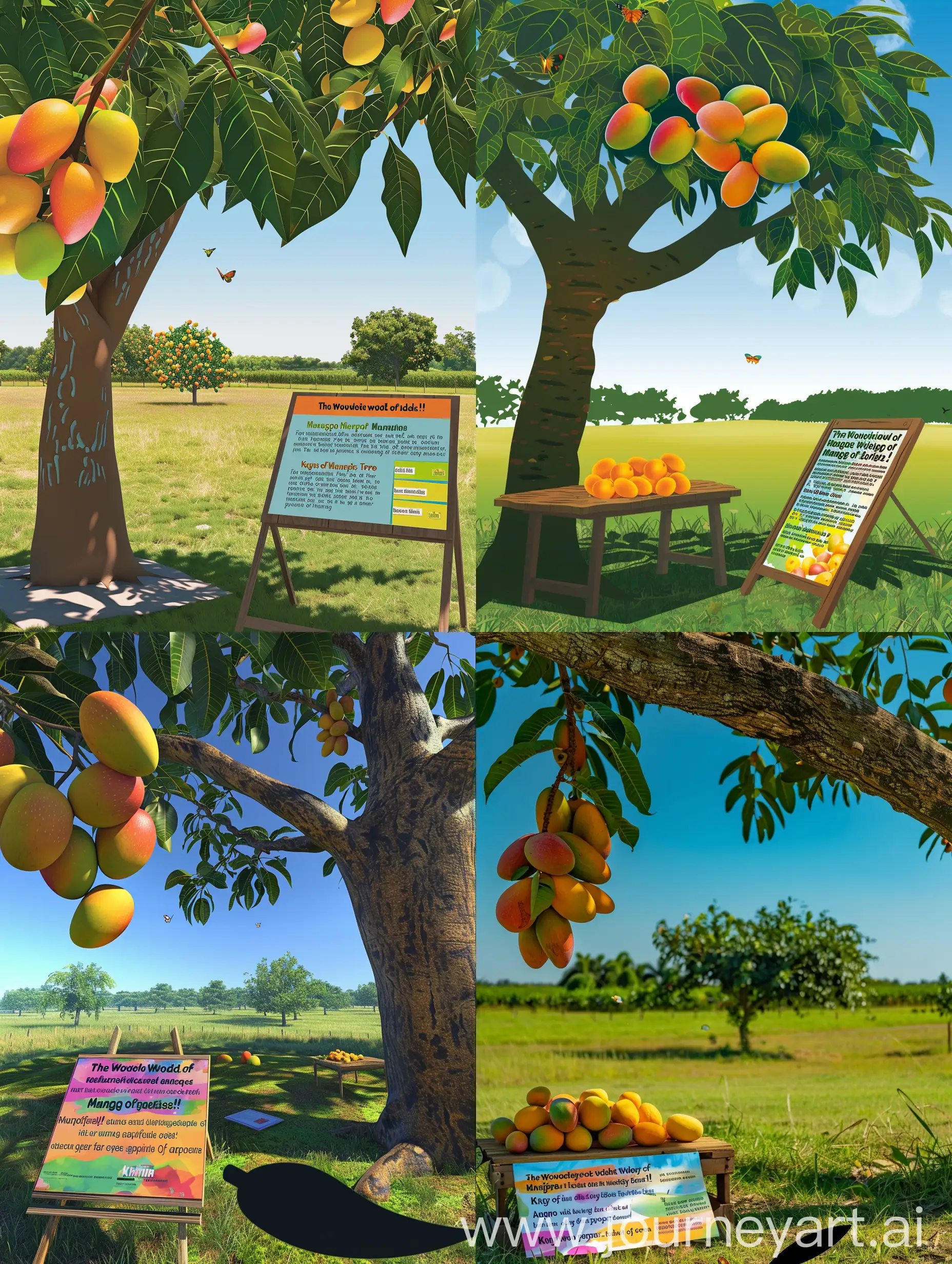 Background:  A sunny day with a clear blue sky. A grassy field stretches out in the background, dotted with a few other trees in the distance. Perhaps some colorful butterflies are fluttering around. Center:  A mature mango tree dominates the center of the image. Its thick, brown trunk extends upwards, branching out into a wide, leafy canopy. The canopy is a lush green color, providing shade on the ground below. Left side (close-up):  A cluster of ripe mangoes hangs from a branch in the foreground, slightly to the left. The mangoes are a vibrant yellow-orange color, with some having a reddish or greenish blush on their skin. Right side (information table):  A wooden table with a slanted top stands beside the tree. A colorful sign rests on the table, titled "The Wonderful World of Mango Trees!" in large, friendly letters. Below the title, bullet points provide interesting facts: Scientific Name: Mangifera indica Origin: South Asia, Southeast Asia Fun Fact: Mangoes are known as the "King of Fruits"! Leaf Shape: Long and oval with smooth edges Flowers: Small, fragrant, white or pale pink flowers in clusters Fruit: Mangoes are delicious, juicy fruits that come in many colors and sizes! They are a great source of vitamins. Bottom:  A small silhouette of a long, slender mango leaf rests at the bottom of the image.