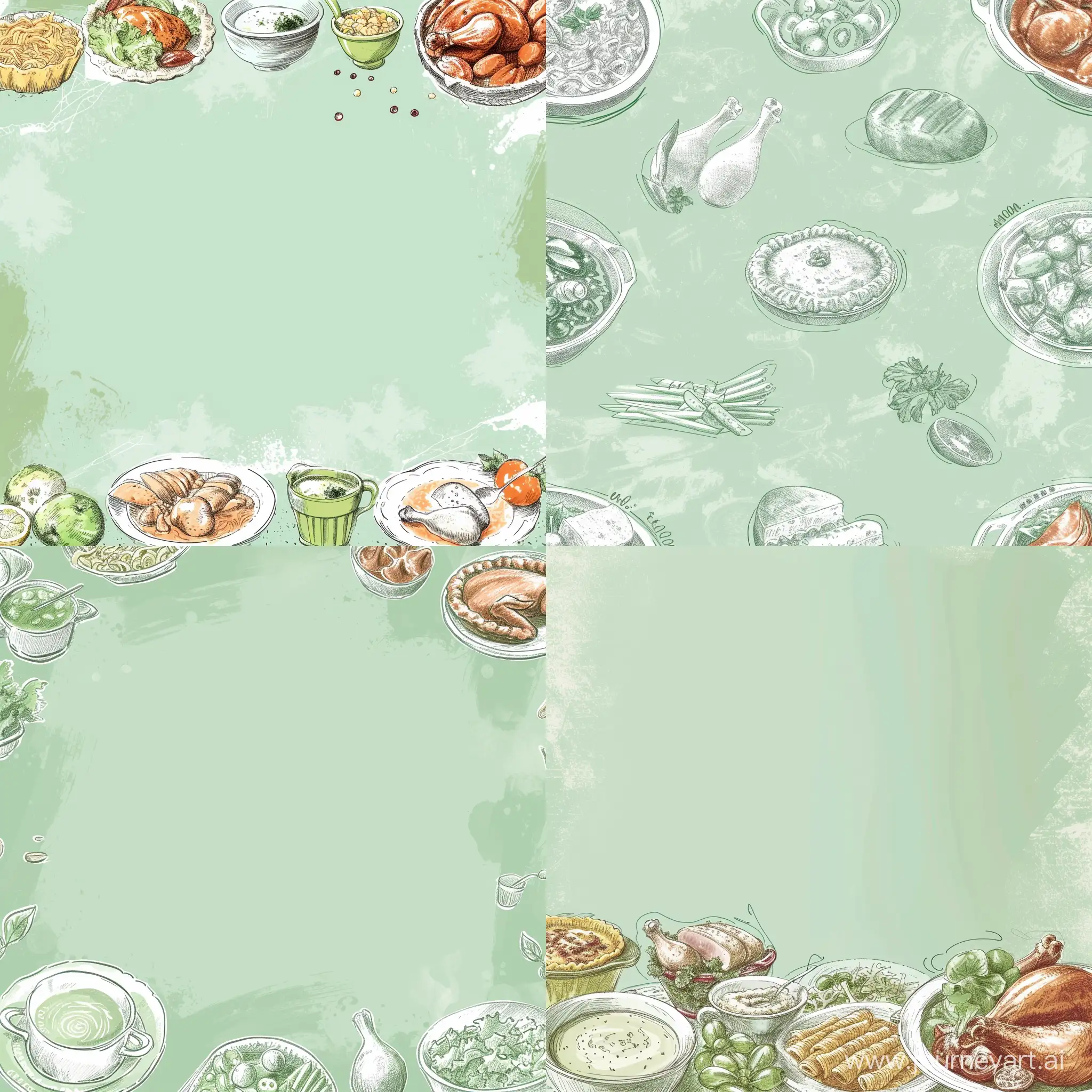 Create an attractive backdrop with pale mint green as the base color. In addition to the color, there should be faint sketchy outlines of the images in a darker shade of mint green. Images may vary in size and orientation. The images should show a variety of foods such as soup, pasta, pies, salad and chicken. There should be a total of 5 different images, which can be repeated and scattered throughout the background asymmetrically
