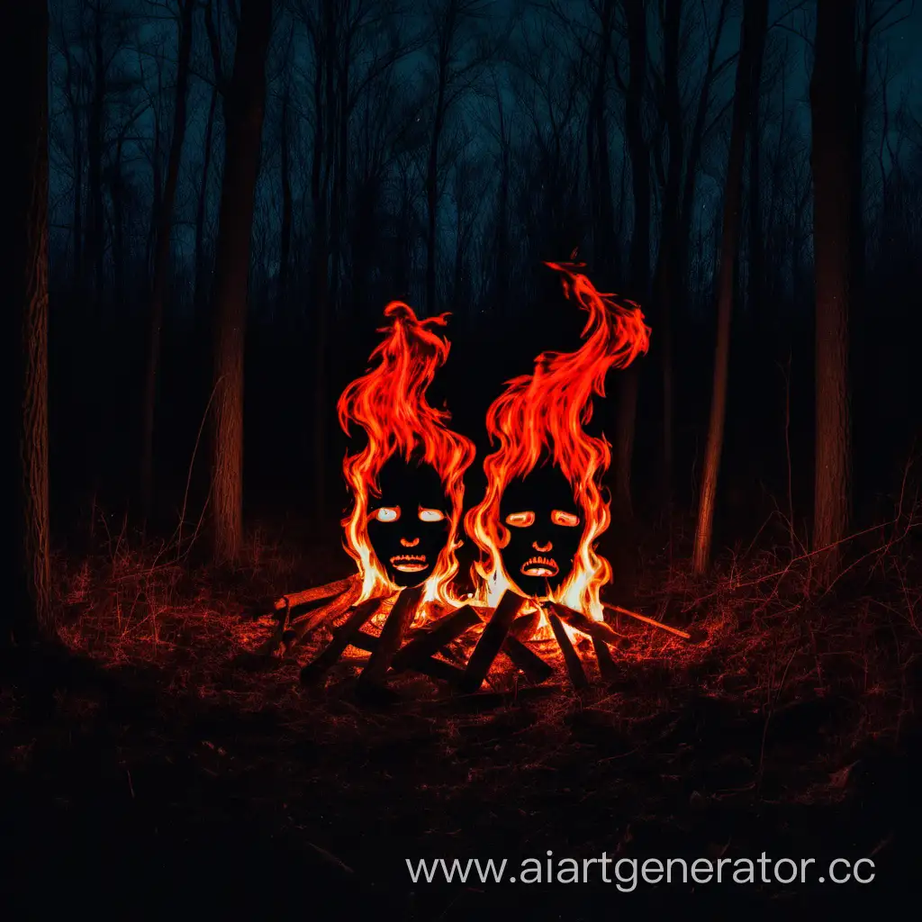 a fire with two faces in the woods at night