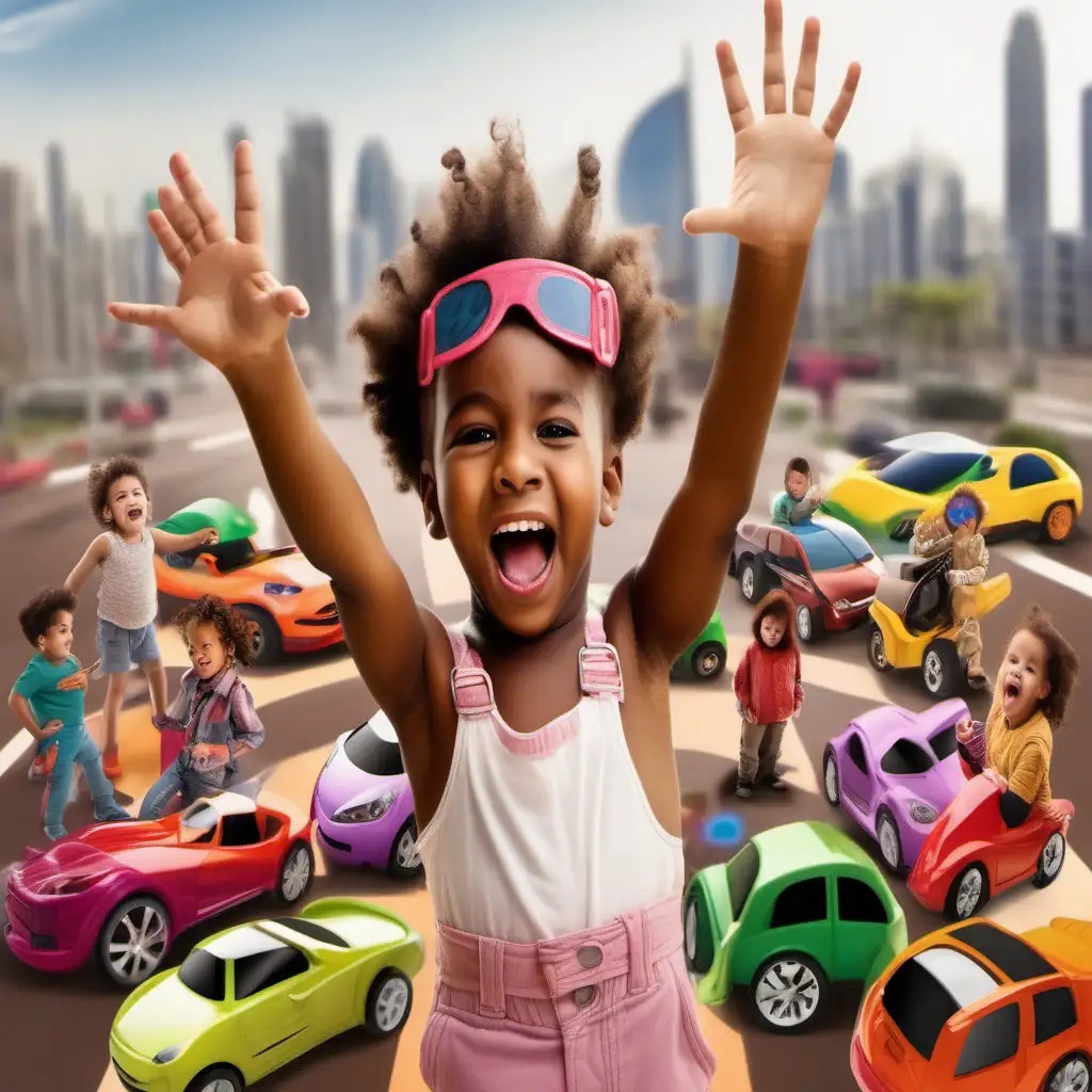 6 children with a diversity of vibrant and rich color tones, dynamic poses and expressive faces. In the  background show a spaceship, stop light, exotic car, computer, musical instruments