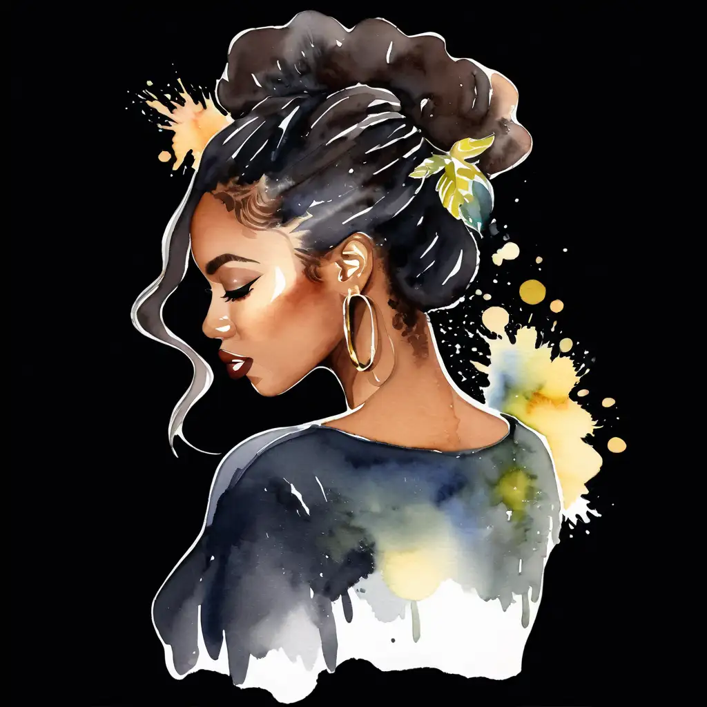watercolor clipart a black women profile very confided and beautiful with shiny hair

