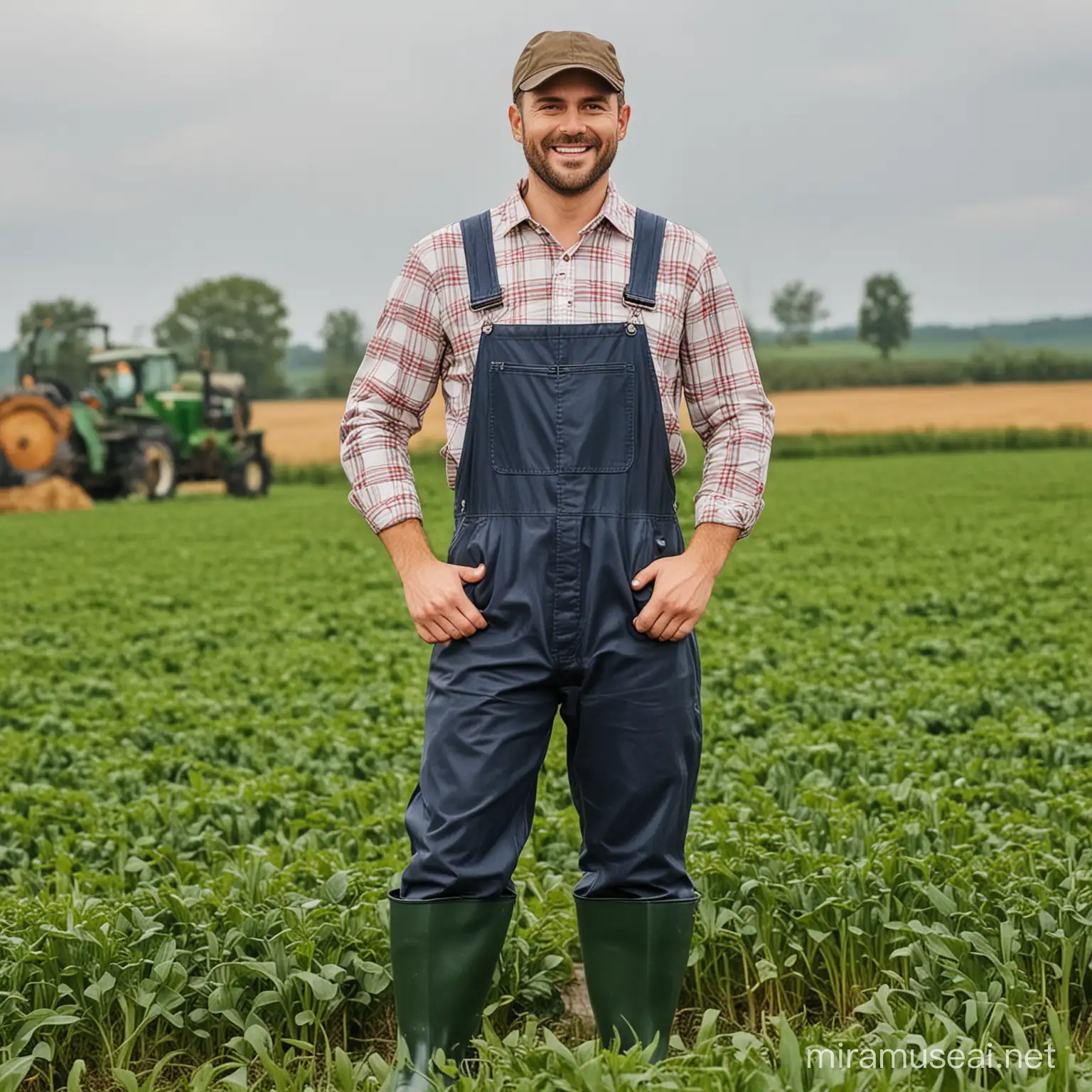 Happy farmer in overalls and rubber boots and cap
