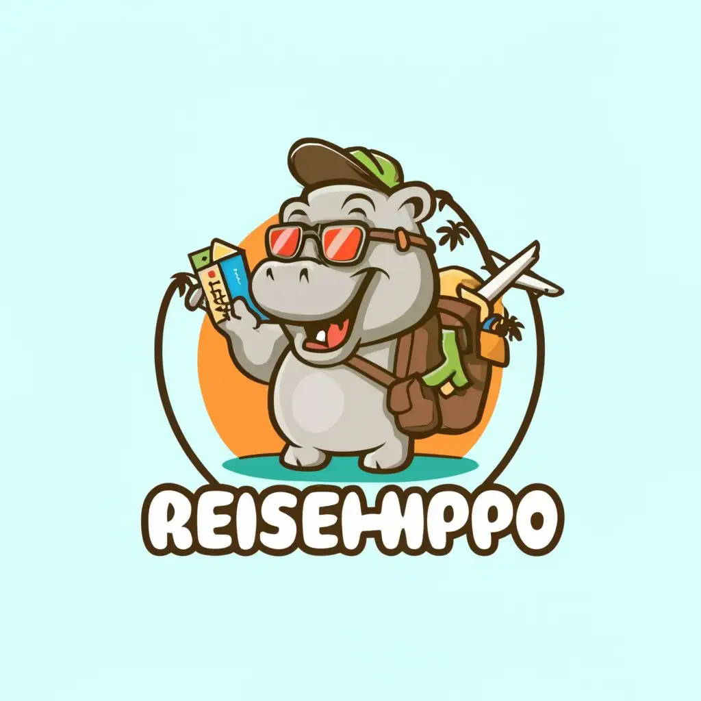 a logo design,with the text 'ReiseHippo', main symbol:hippo travel funny cute modern cool jungle backpack clear background adventure airplane holidays beach spot sunglasses,complex,be used in Travel industry,clear background