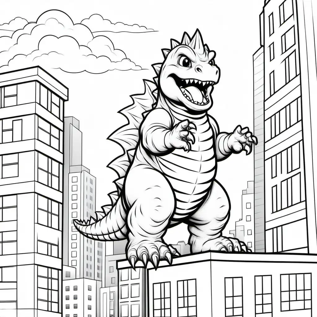 coloring book page outline cute baby godzilla in a city climbing a building