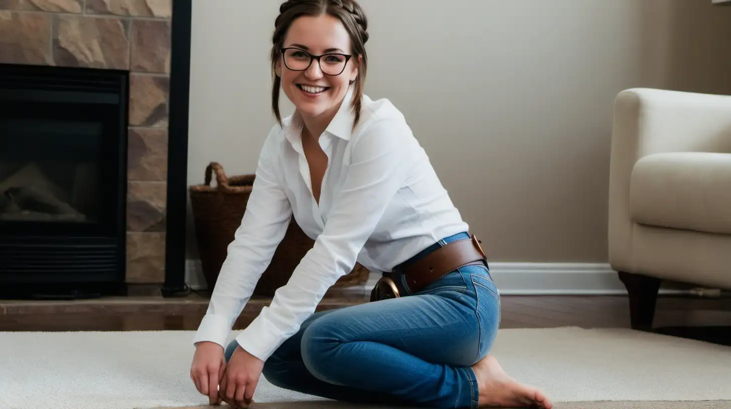 Joyful Woman in Stylish Attire Relaxing in Cozy Living Room