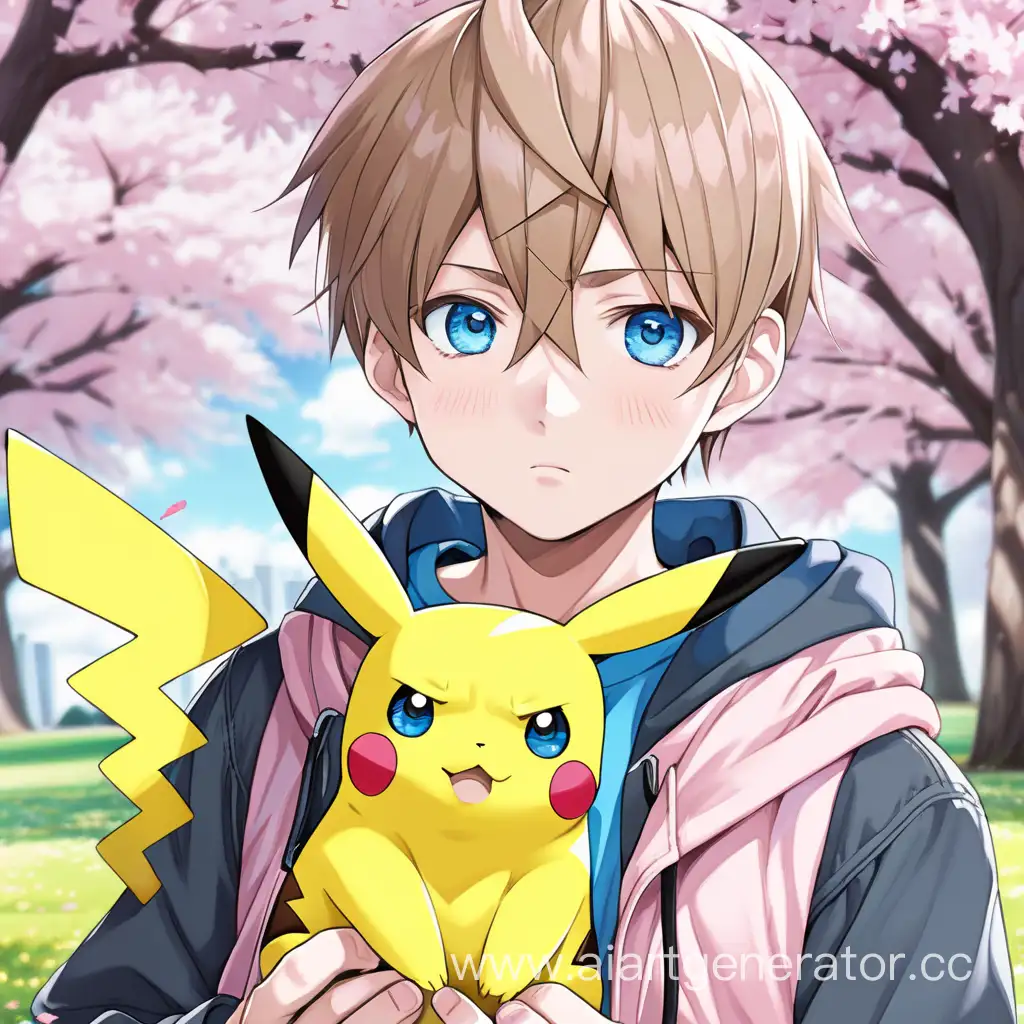 Charming-BlueEyed-Guy-with-Cute-Pikachu-in-HighQuality-Sakura-Setting