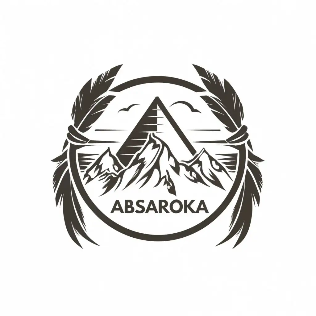 logo, circle, mountain , feather , simple, with the text "absaroka", typography