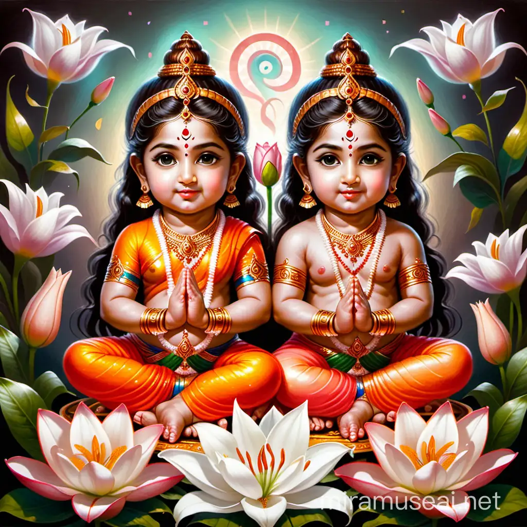 Two female hindu goddesss babies , surrounded by traditional hindu art for love, strength and prosperity and include lillies, painted art
