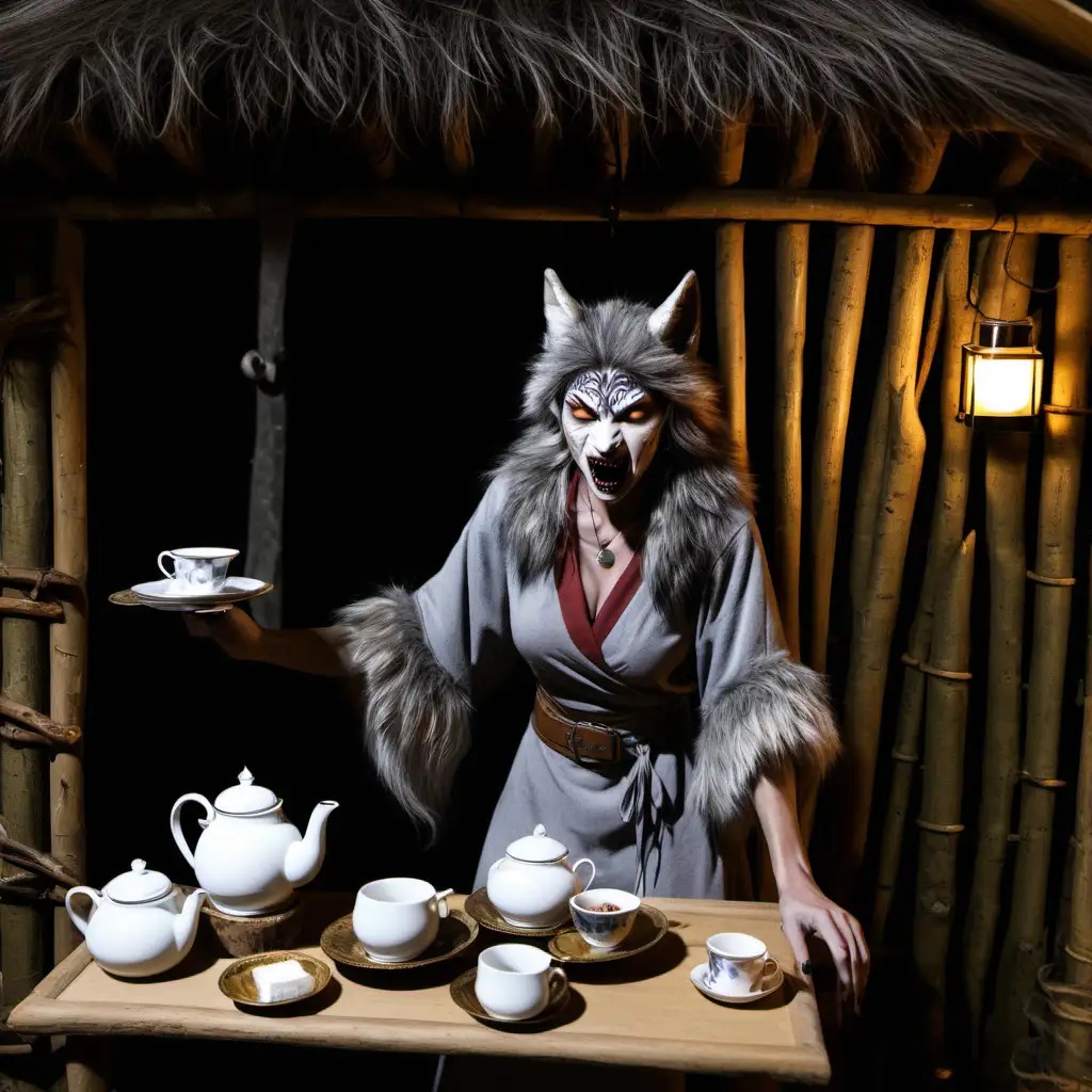 Cozy Wolfwoman in Hut Serving Tea