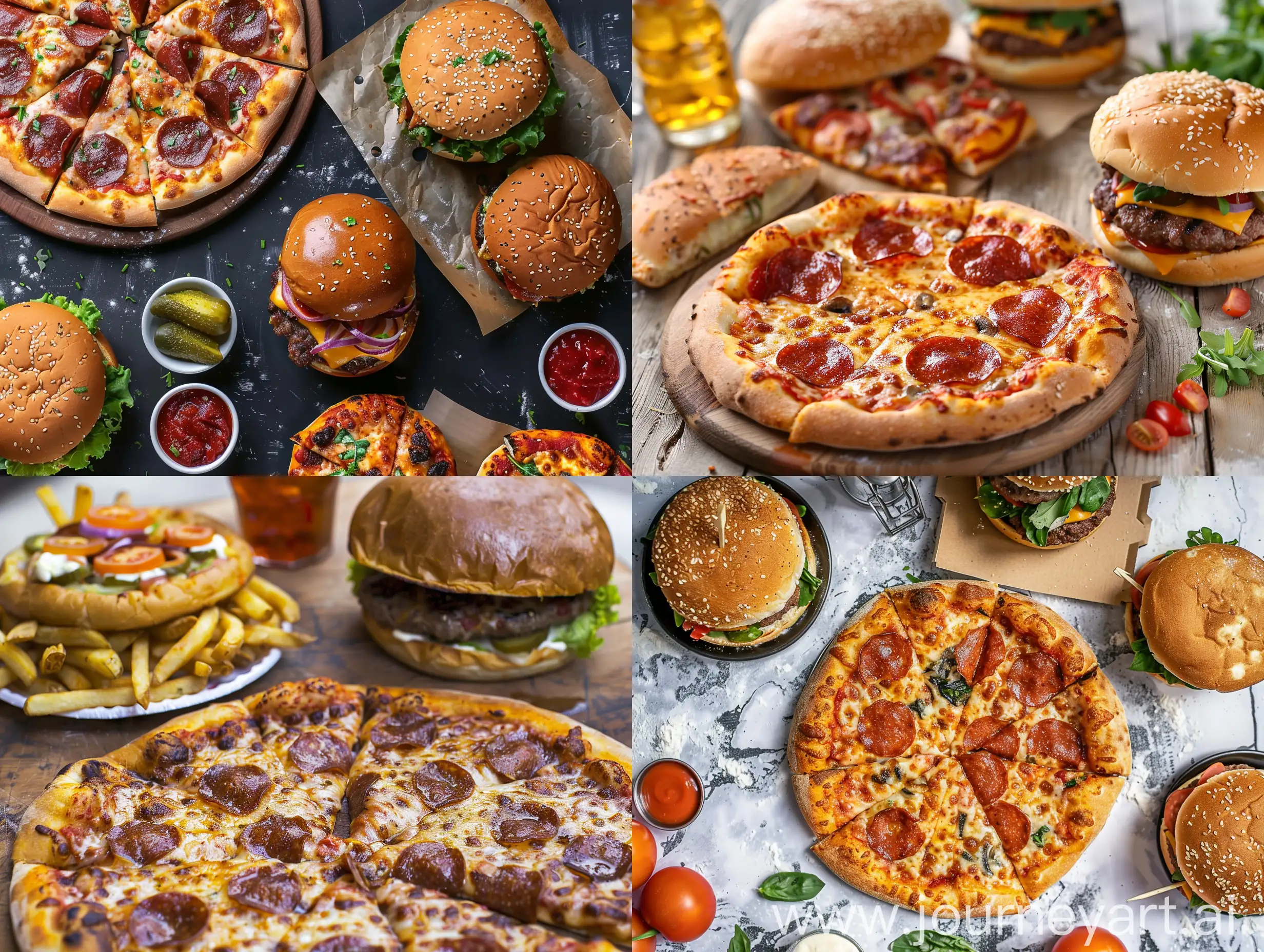 Delicious-Homemade-Pizza-and-Juicy-Burgers-on-a-Casual-Dining-Table