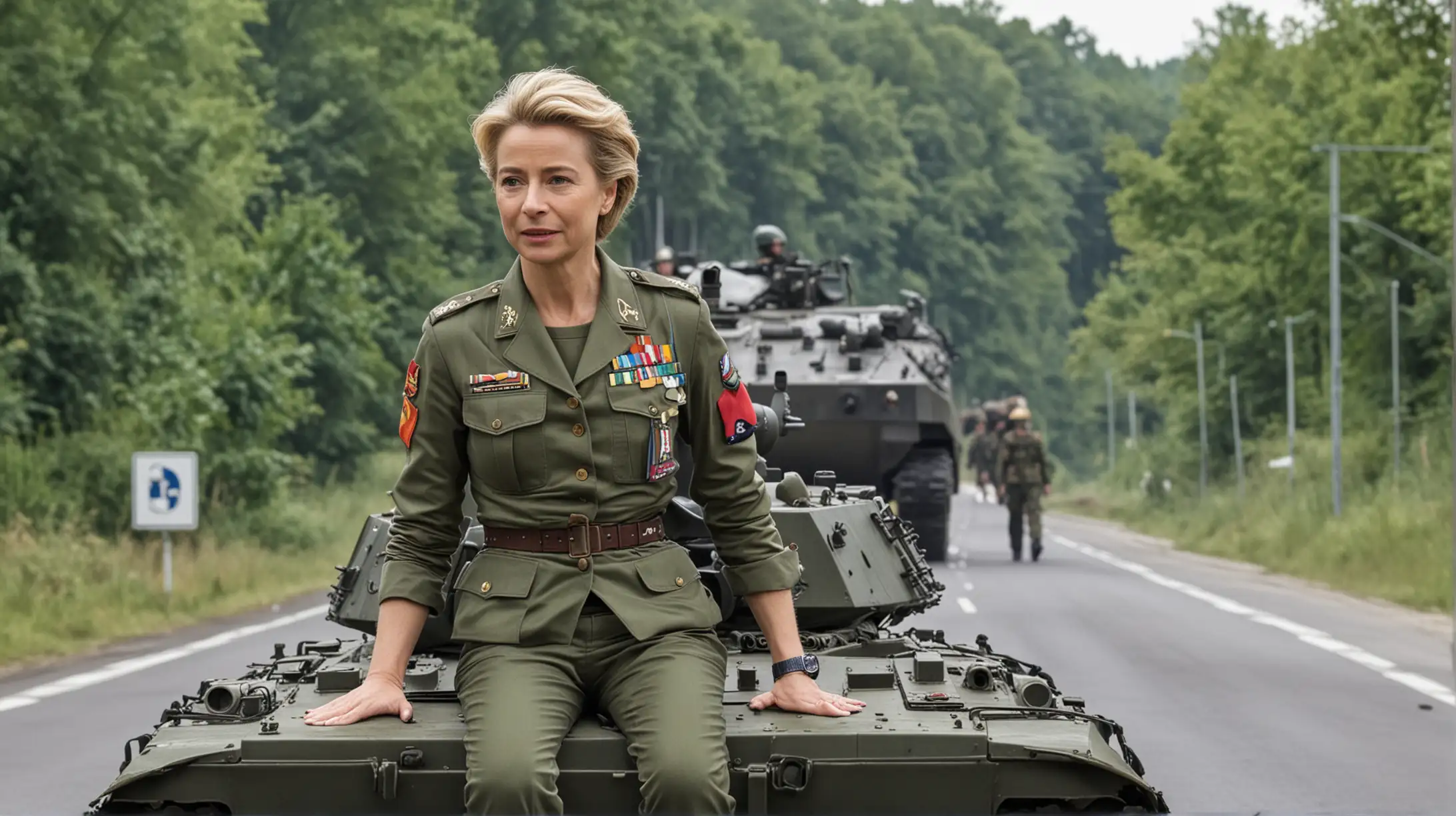 Ursula von der Leyen
dressed in a military uniform with a helmet on top of a tank on the road