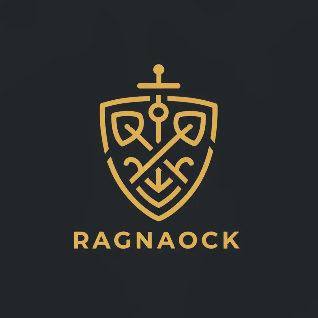 a logo design,with the text "RAGNAROCK", main symbol:Shield embossed with a "needle and thread", "crossed swords", "quill and ink pot" on it,Minimalistic,be used in Entertainment industry,clear background