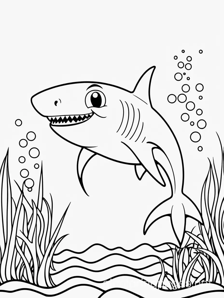 Cute shark in ocean, Coloring Page, black and white, line art, white background, Simplicity, Ample White Space. The background of the coloring page is plain white to make it easy for young children to color within the lines. The outlines of all the subjects are easy to distinguish, making it simple for kids to color without too much difficulty