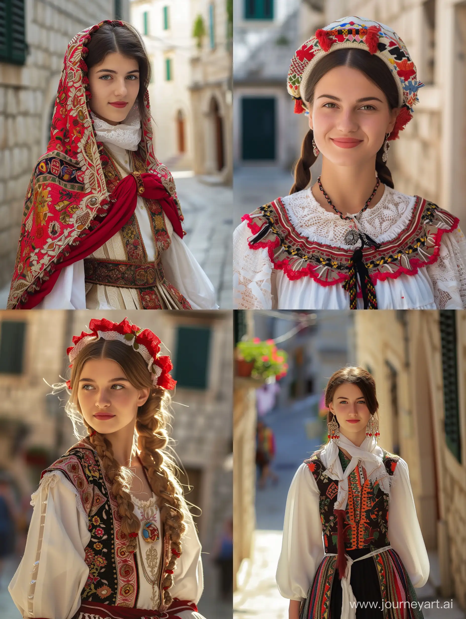 Croatian girl in traditional attire in Dubrovnik, 4k realistic --v 6 --ar 3:4 --no 53991
