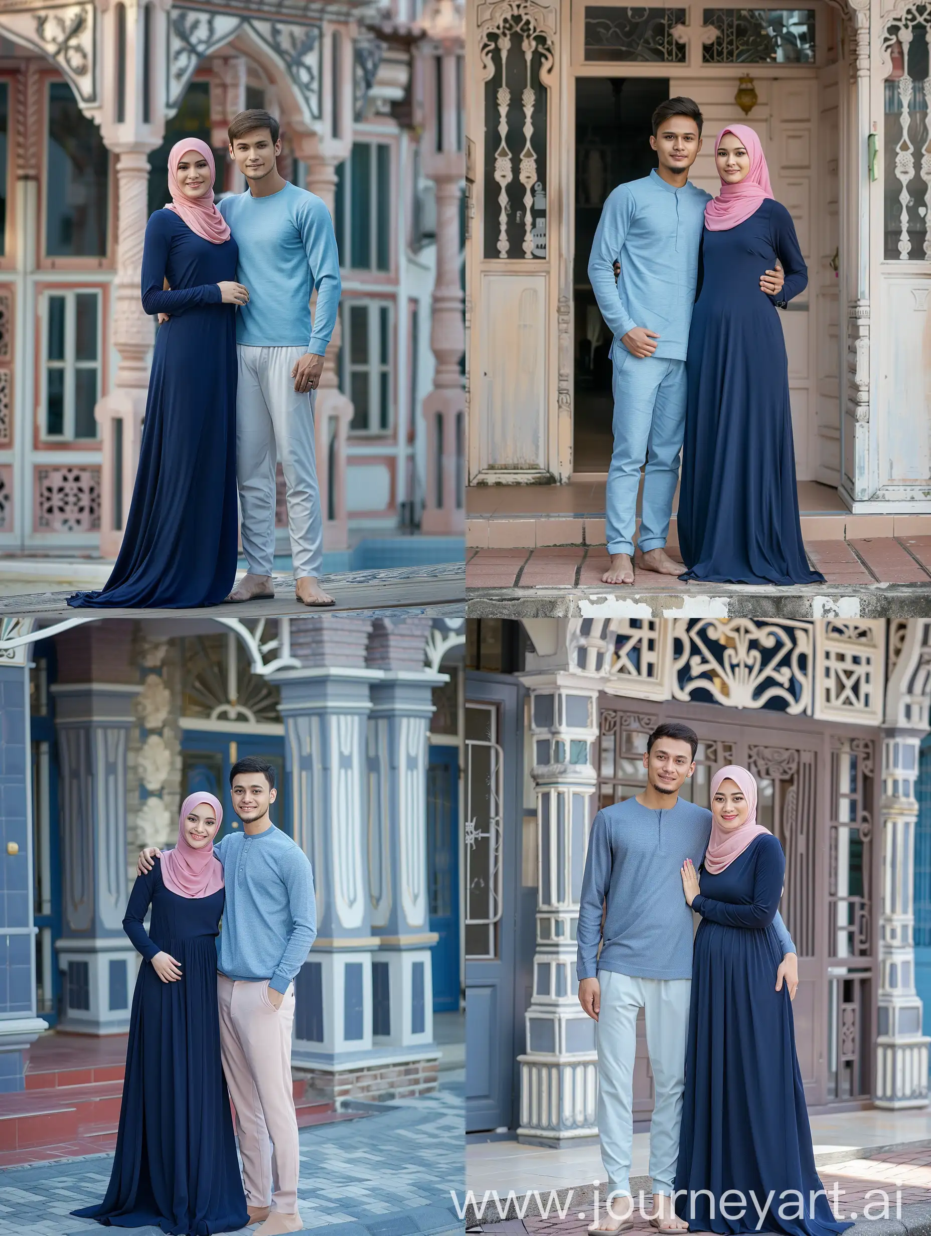 The image shows a young couple standing together outside what appears to be a residential building. The woman is wearing a long navy blue dress and a pink hijab, while the man is wearing a light blue long-sleeved shirt and pants. They have their arms around each other in a warm, friendly manner, suggesting they are a couple or family members posing for a photo together. The background depicts a somewhat aged building with decorative architectural details.