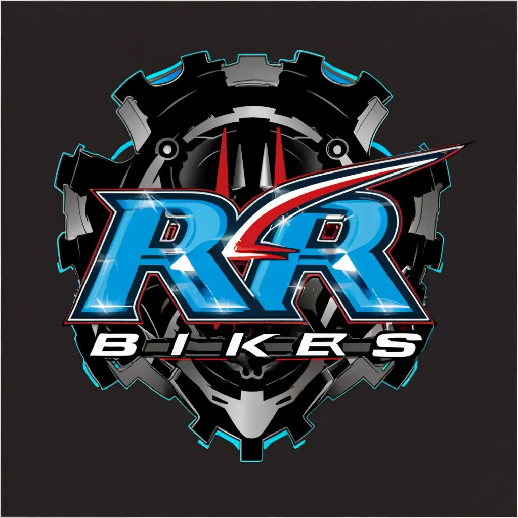 a logo design,with the text "RR bikers", main symbol:futuristic blue and red logo with the letters "RR" and the name BIKERS with super sport motorcycle drawing on it,complex,be used in Automotive industry,clear background