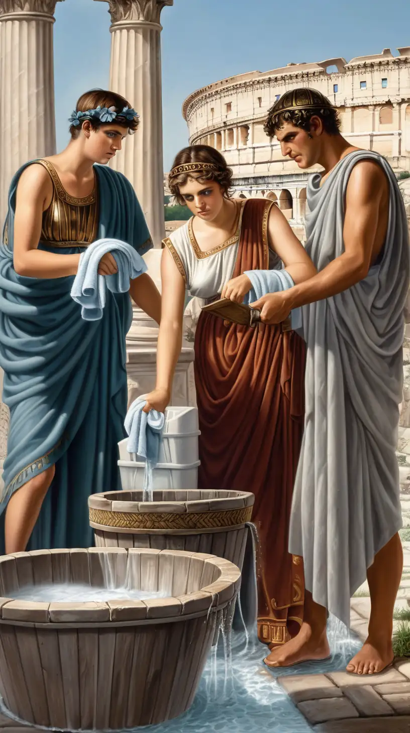 In ancient Rome, two women and two men wash clothes
