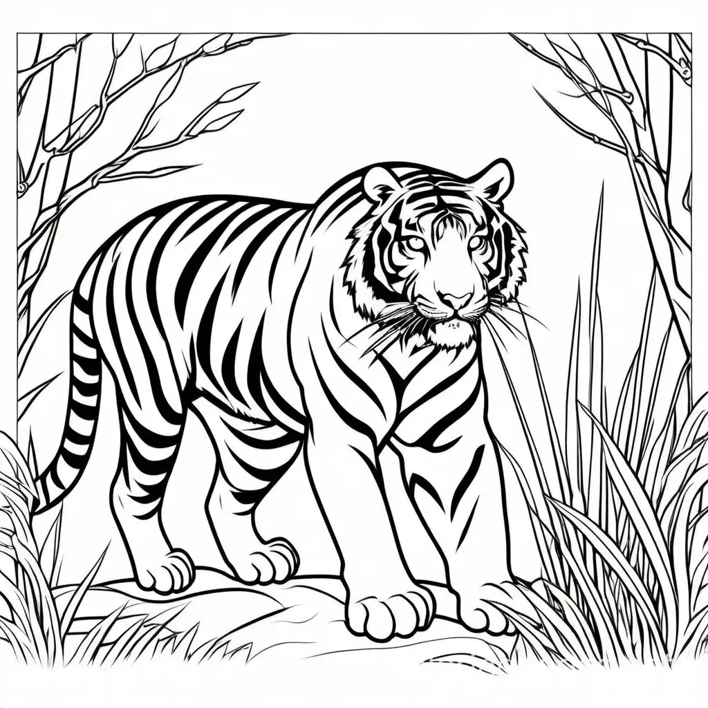 hunting tiger, Coloring Page, black and white, line art, white background, Simplicity, Ample White Space. The background of the coloring page is plain white to make it easy for young children to color within the lines. The outlines of all the subjects are easy to distinguish, making it simple for kids to color without too much difficulty