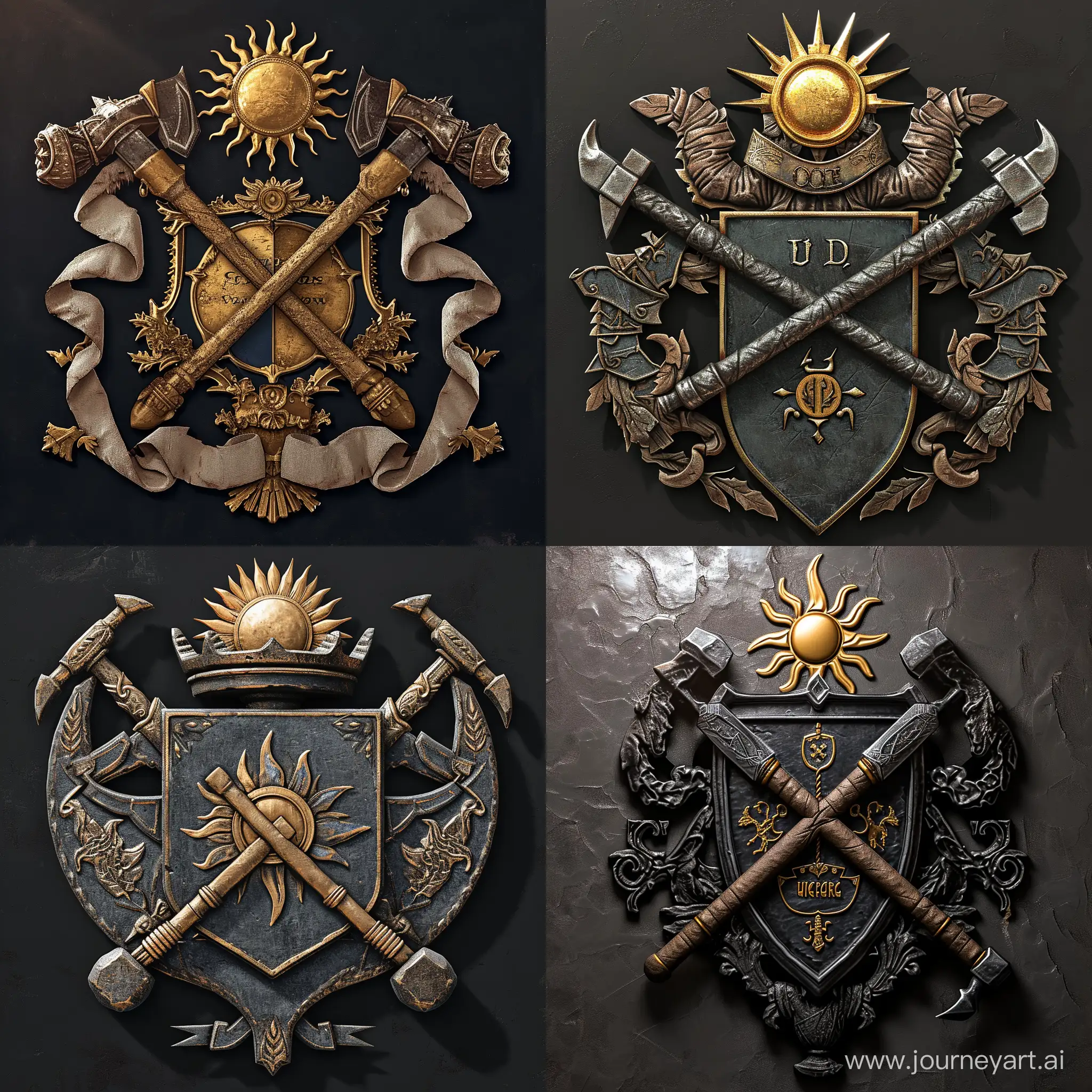 Unity-and-Strength-Elder-Scrollsstyle-Coat-of-Arms-with-Pickaxe-and-Hammer