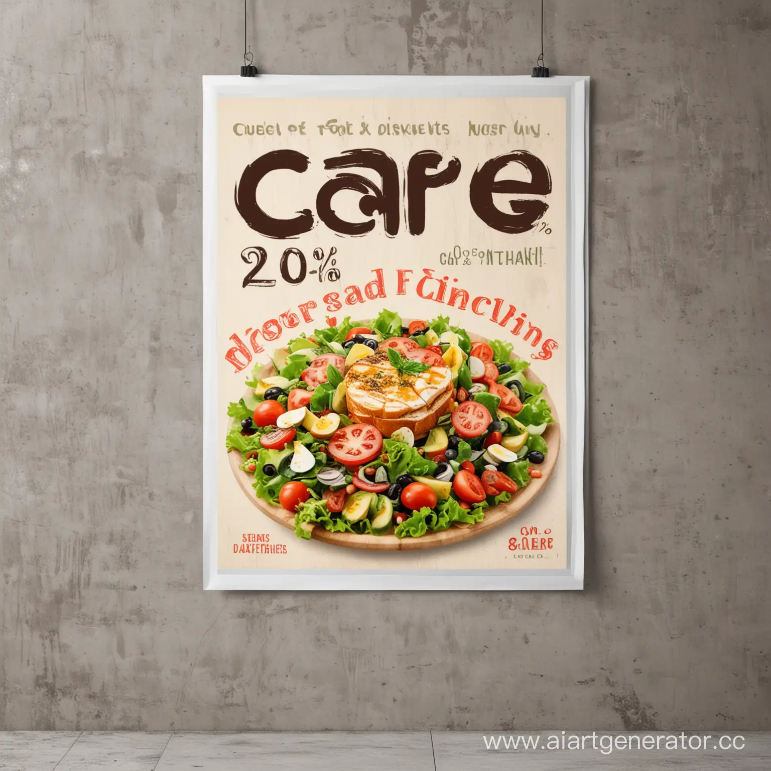 реклама для кафе, на плакате салат и написана скидка 20%