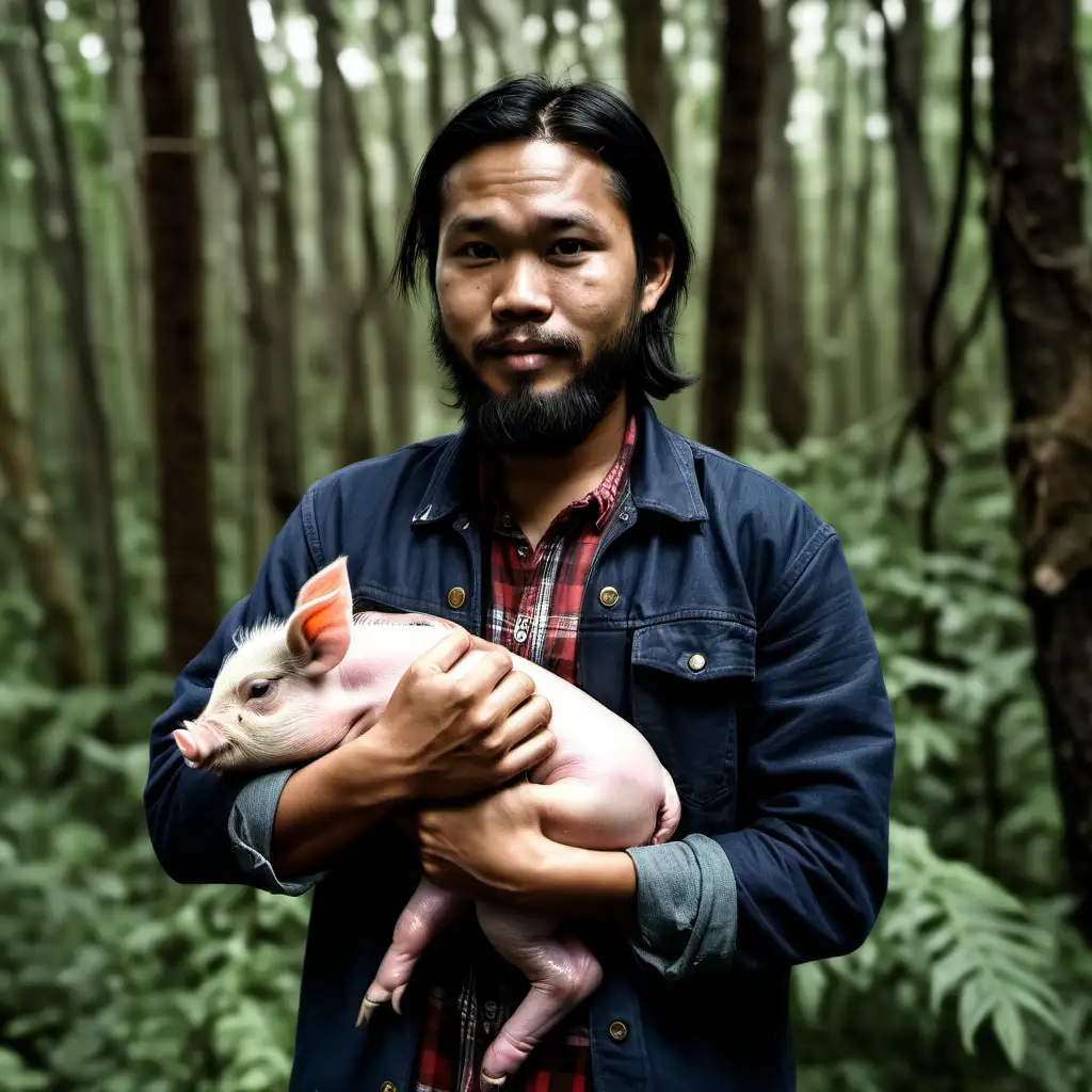 Bearded Filipino Man with Long Hair Holding Baby Pig in Lush Forest