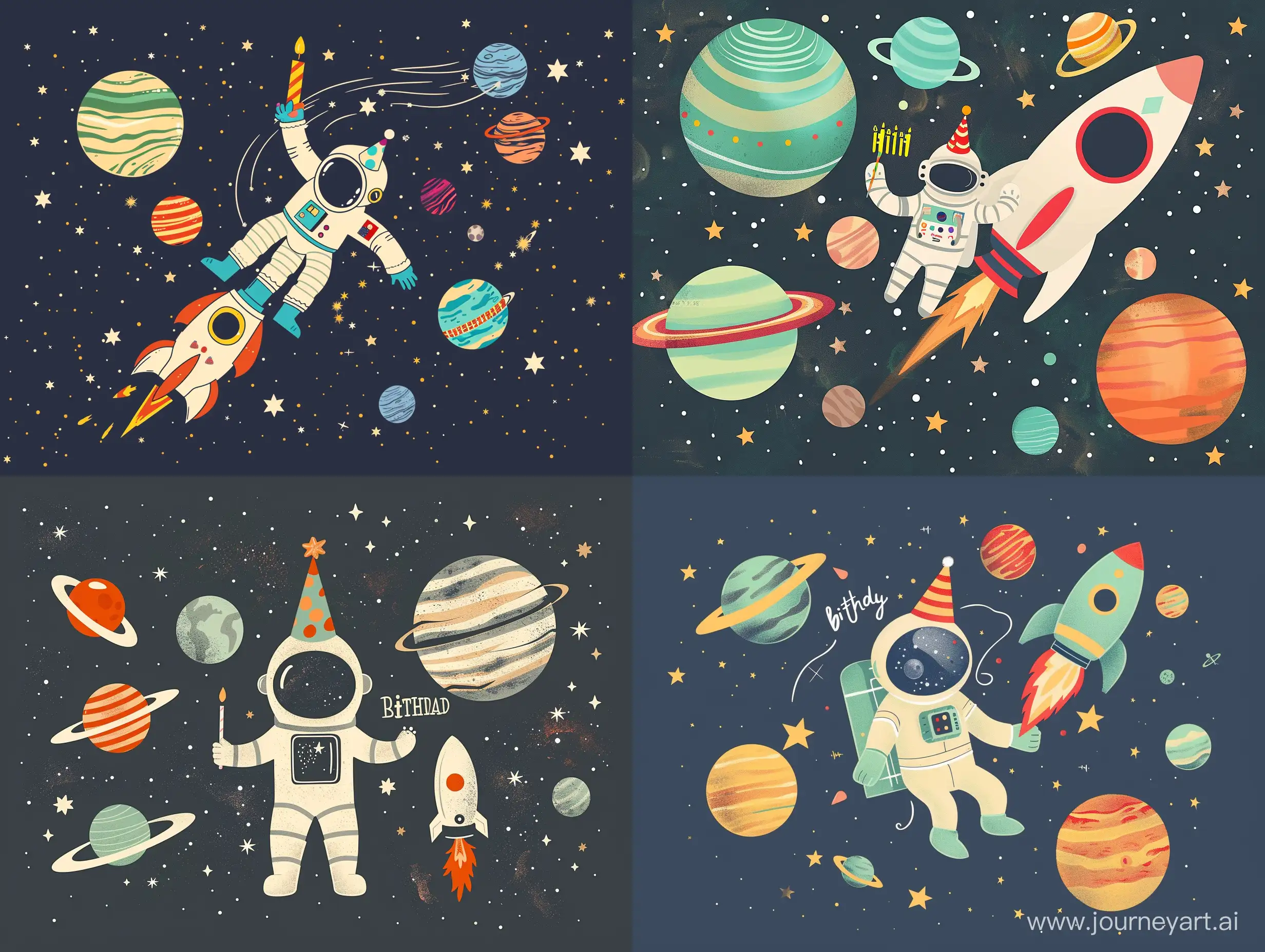 astronaut with birthday hat, space, rocketship, planets, stars