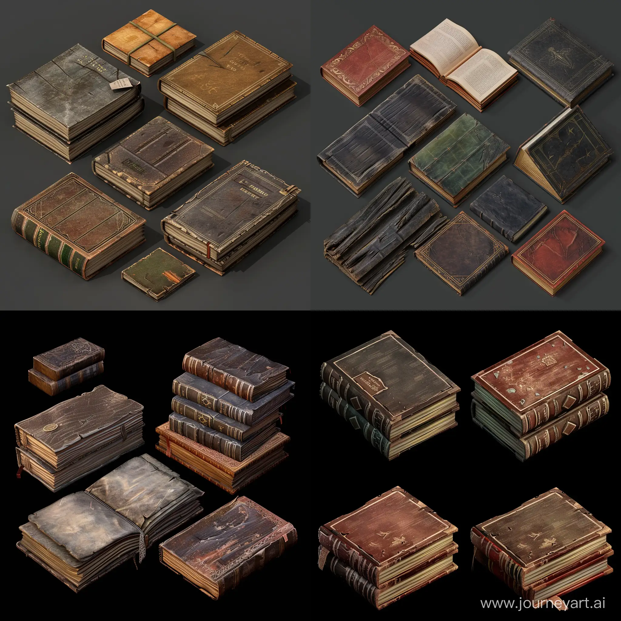 Isometric-Worn-Book-Set-in-Stalker-Style-Realistic-3D-Render-Without-Labels