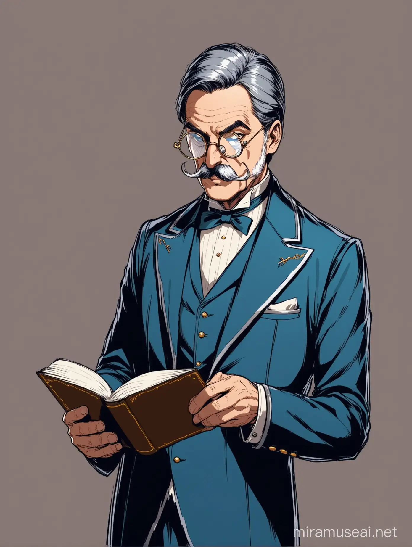 Make a 50 year old man with a blue and silver noble suit on. This man is sophisticated and has an eye monocle. He is tall and lanky. He is holding a book and reading it