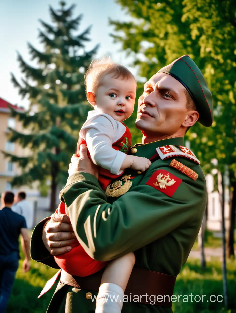 Russian-Soldier-Rescues-Child-Defender-of-the-Fatherland-in-Festive-Military-Uniform