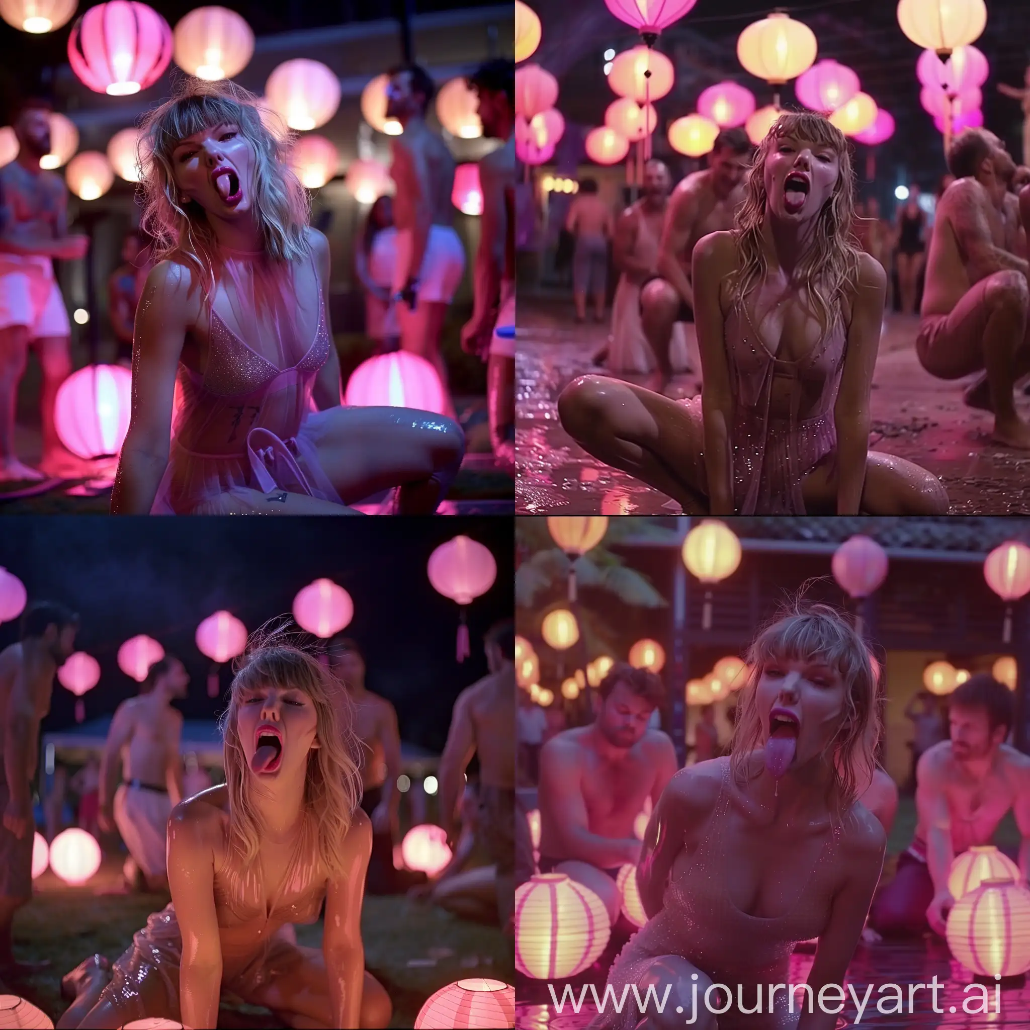 movie still, paper lanterns in background,Taylor Swift kneeling on the ground, tongue cleaning teeth, perspiration,fit abdomen,sheer dress,pink lighting,pink lipstick,hair styled as messy bangs,night,pronounced cheekbones,blond hair, surrounded by men