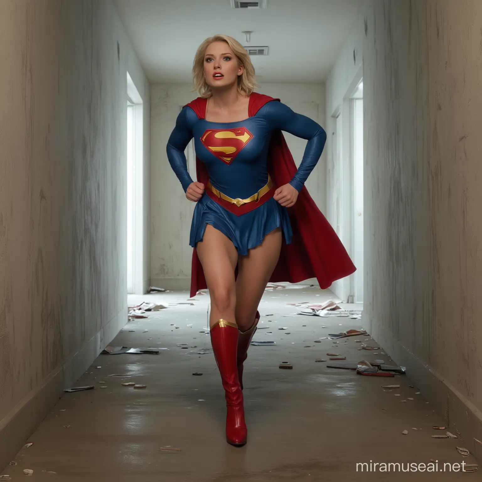 Supergirl dressed as Superman, perfect face, androgynous, perfect teeth, very short blond hair, lean, wide eyed, very confused, gasping, in shock, trapped in a room with no exit, legs boots stiletto, with yellow pointed toe caps, 4k resolution, realistic, leaning against wall, losing strength, sliding down