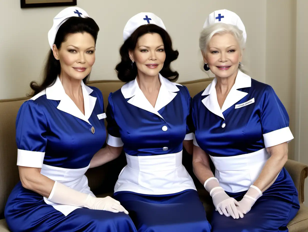 two elderly mothers and their litle daughters in satin royal blue english nurse uniforms smiled by their mistress catherine zeta jones