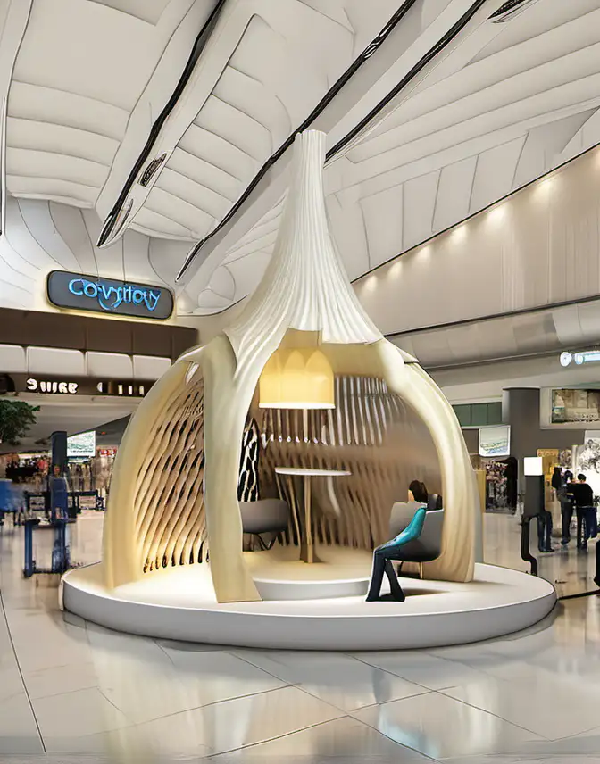 Booth with the size of 2 meter width x 2 meter length with hight of 1 meter inside a mall for a water company which looks like a one water drop shape