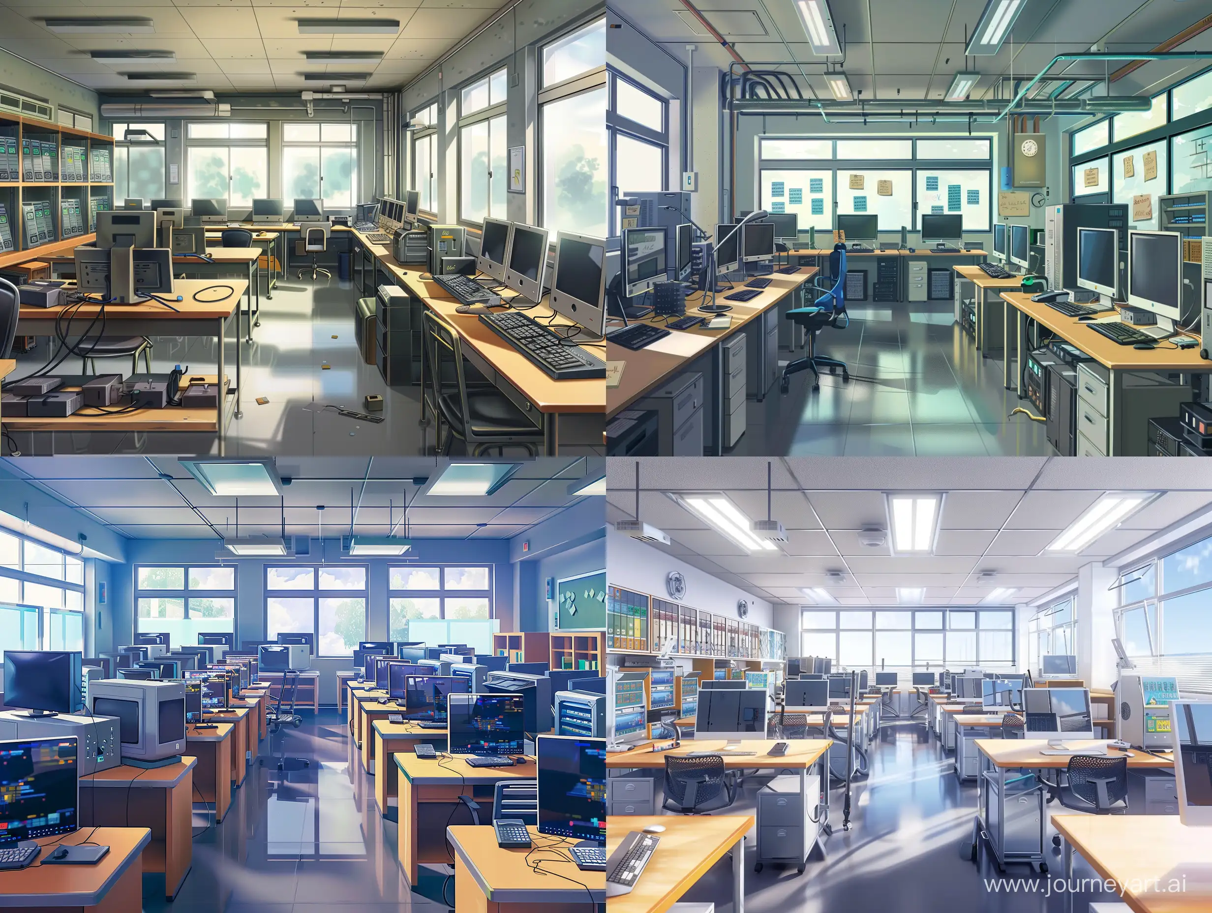 A picture of an empty computer science room that is equipped with various equipment, a lot of computers and desks. The office should be a school room, but at the same time the entire office should also be visible to the modern school