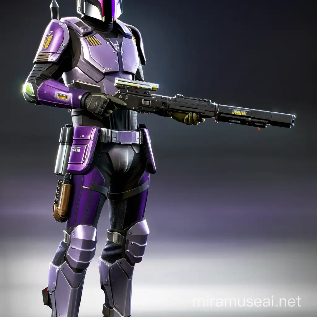 a slim bounty hunter from space, he has purple and silver armor.
He has a jetpack.