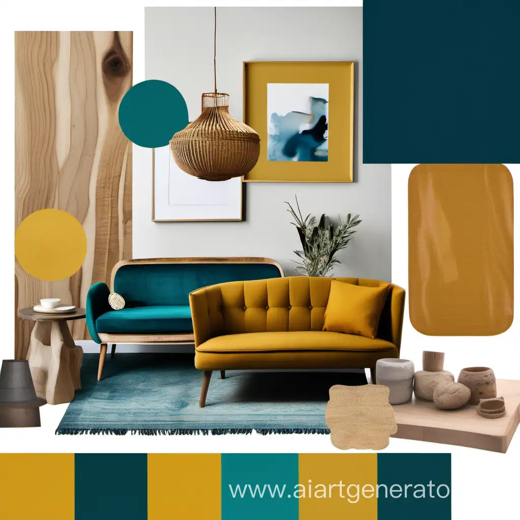 mustard yellow, teal green, blue and wood colour palete interior design moodboard