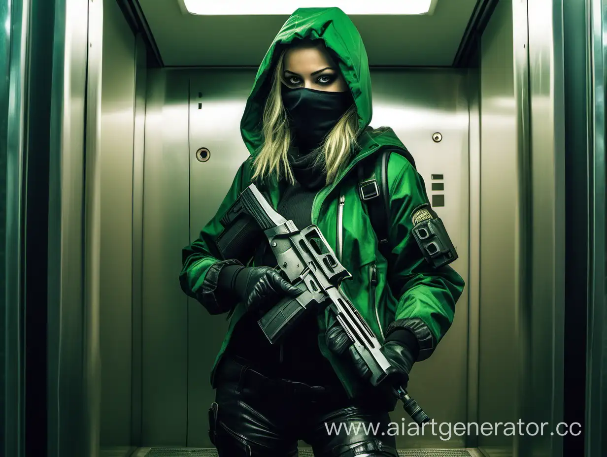 Девушка лет 25, цвет глаз зелёный, одета в штурмовую куртку, колготки, ботинки и маску балаклаву с капюшоном, в руке держит пистолет Люгера с глушителем, в лифте, стиль киберпанк