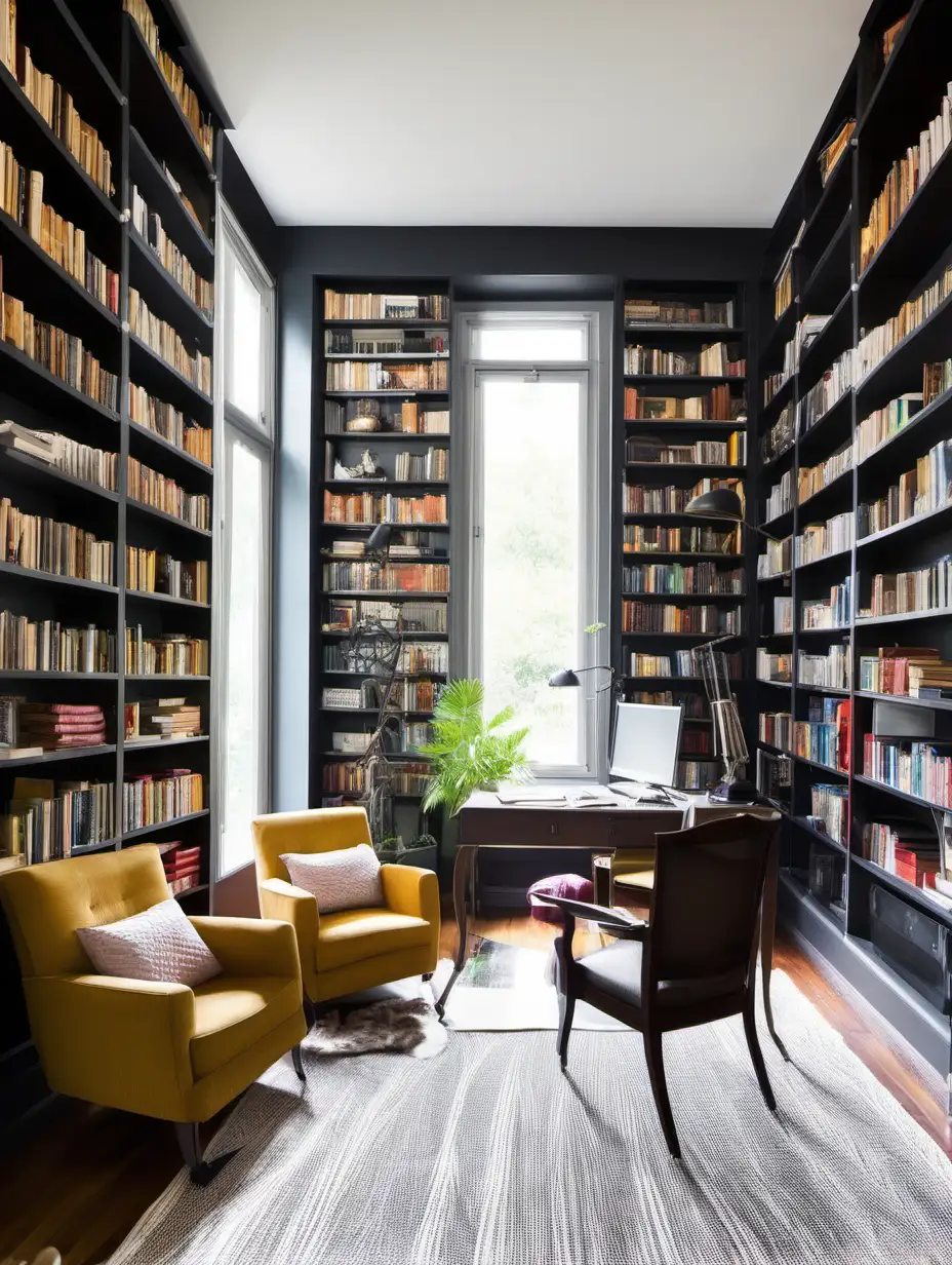 стены с полками книг от пола до потолка с удобным креслом и столом