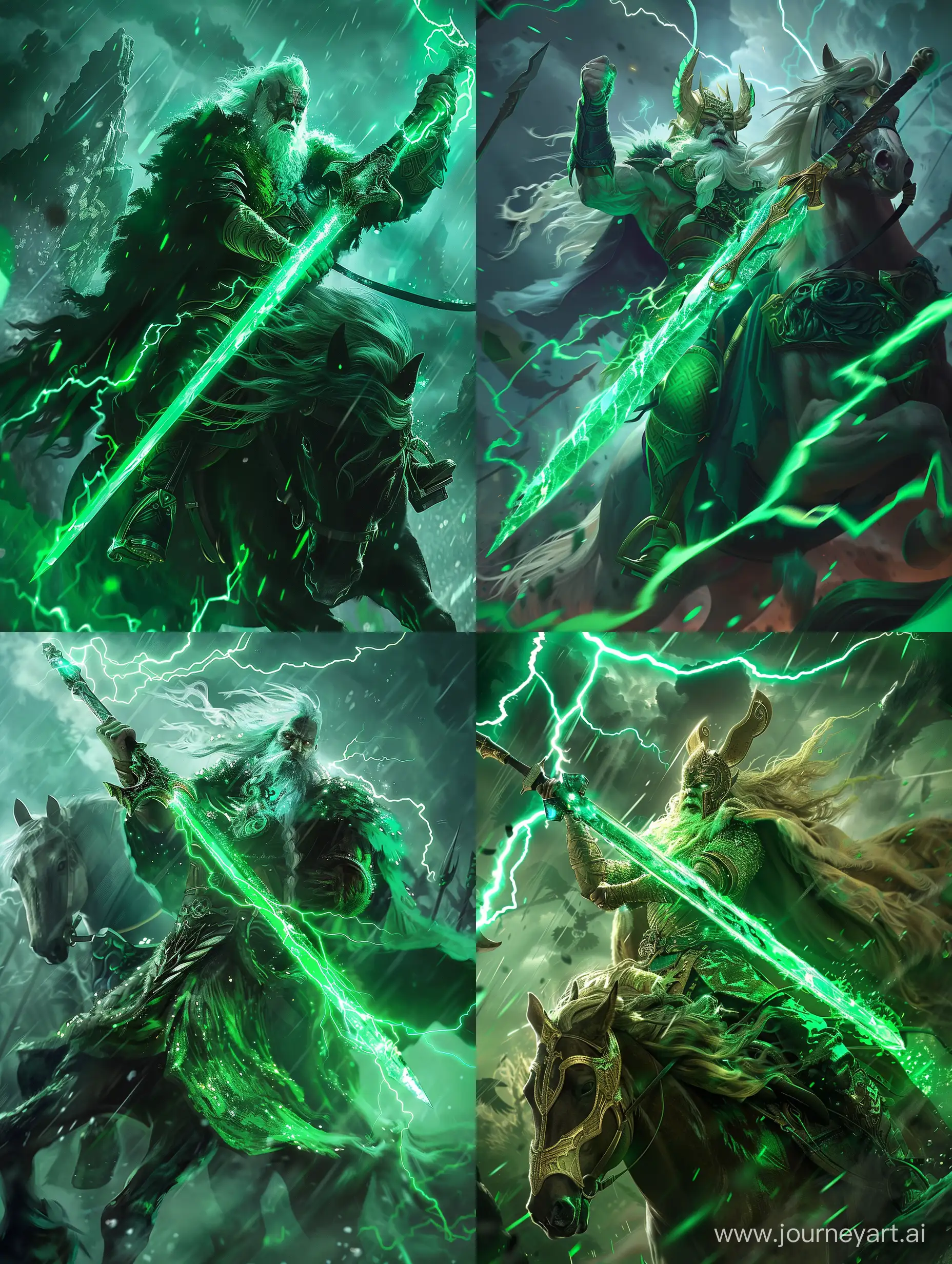 Odin wielding a sword made out of sparkling emerald, he is on horseback riding into battle in Valhalla, green lightning strikes the tip of his sword. 8K Quality. Anime Art Style. Beautiful. Ethereal. Modern Cartoon. Epic