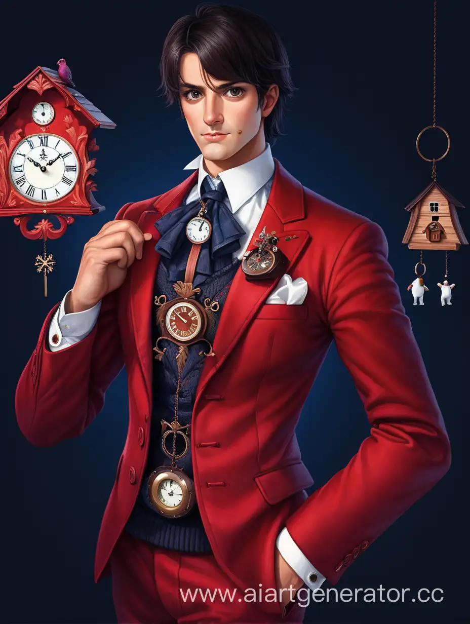 Stylish-DarkHaired-Man-Wearing-a-Red-Suit-with-Unique-Cuckoo-Clock-Accent