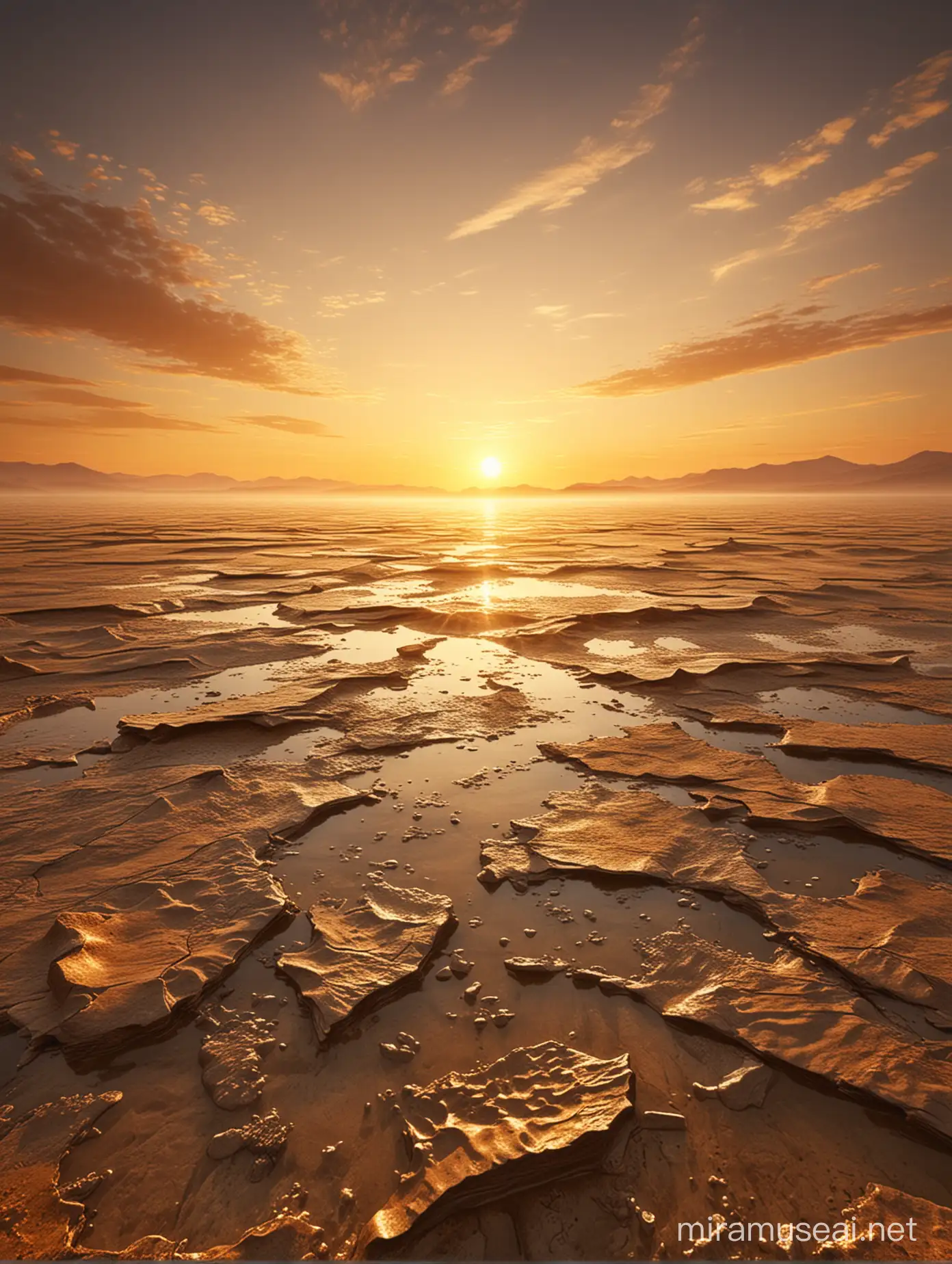 A serene image of a sunrise, casting golden hues over a vast, untouched landscape, symbolizing potential and wealth beneath the surface