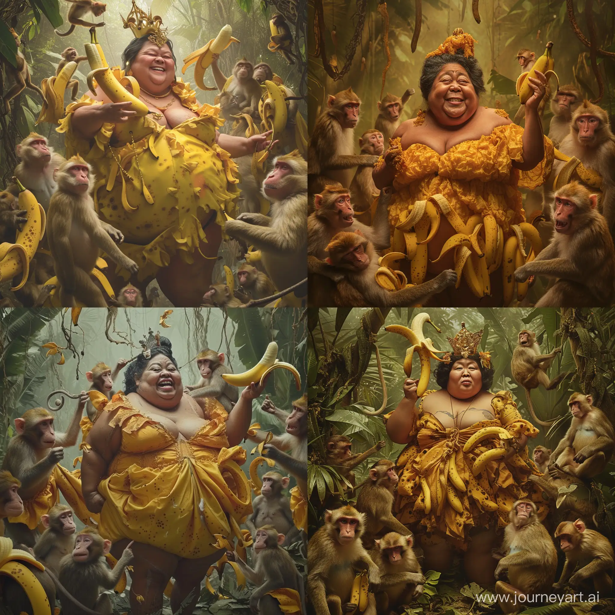 个肥肥胖胖的的菲律宾女人，她是香蕉女帝，手里拿着香蕉，穿着香蕉衣服 被一群猴子围绕