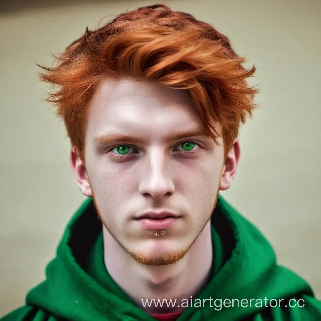 Рыжий парень 20 лет, волосы до плеч, с зелёными глазами, в зелёном плаще, чистое лицо